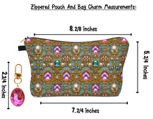 Load image into Gallery viewer, chicanduniquepack.com/ Cool Jewels make up pouch with matching bag charm/ Best makeup pouch/cosmetic bag/ gem print makeup bag/ best gifts for girls/ fun bag charm